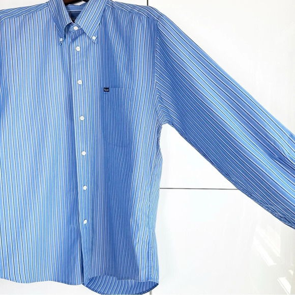 Faconnable Mens Dress Shirt Blue With Black Stripes Size Large Office Work Wear - Picture 2 of 7